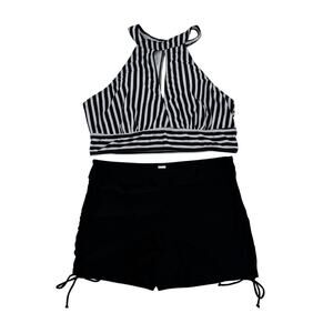 Soly Hux Womens Large Black White Striped 2 Piece Bikini Top Shorts Swimwear Set